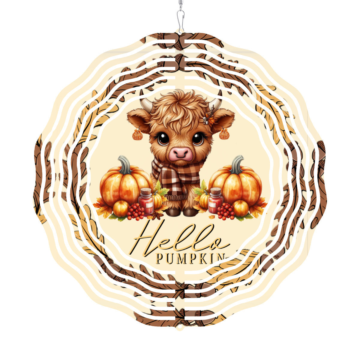 Hello Pumpkin Cute Highland Cow Wind Spinner Outdoor Decor