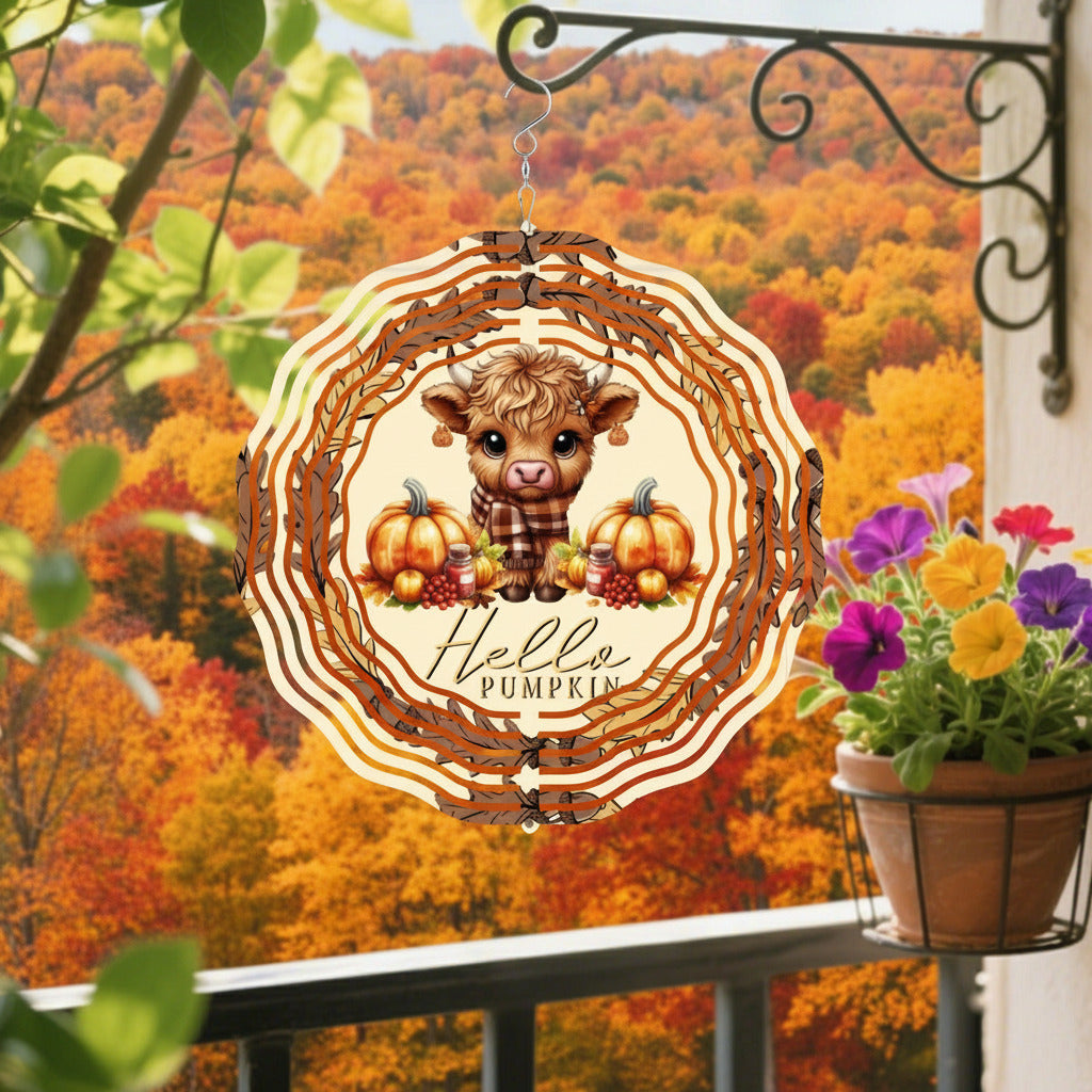 Hello Pumpkin Cute Highland Cow Wind Spinner Outdoor Decor