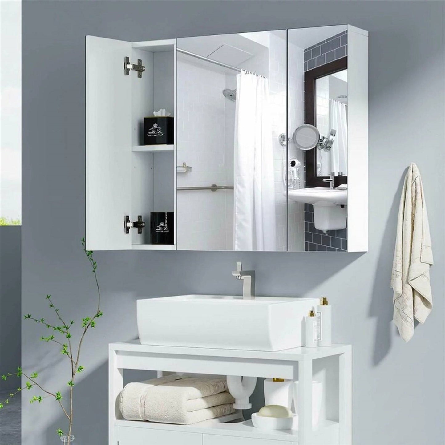 Botiquín moderno de 3 puertas con espejo para baño montado en la pared