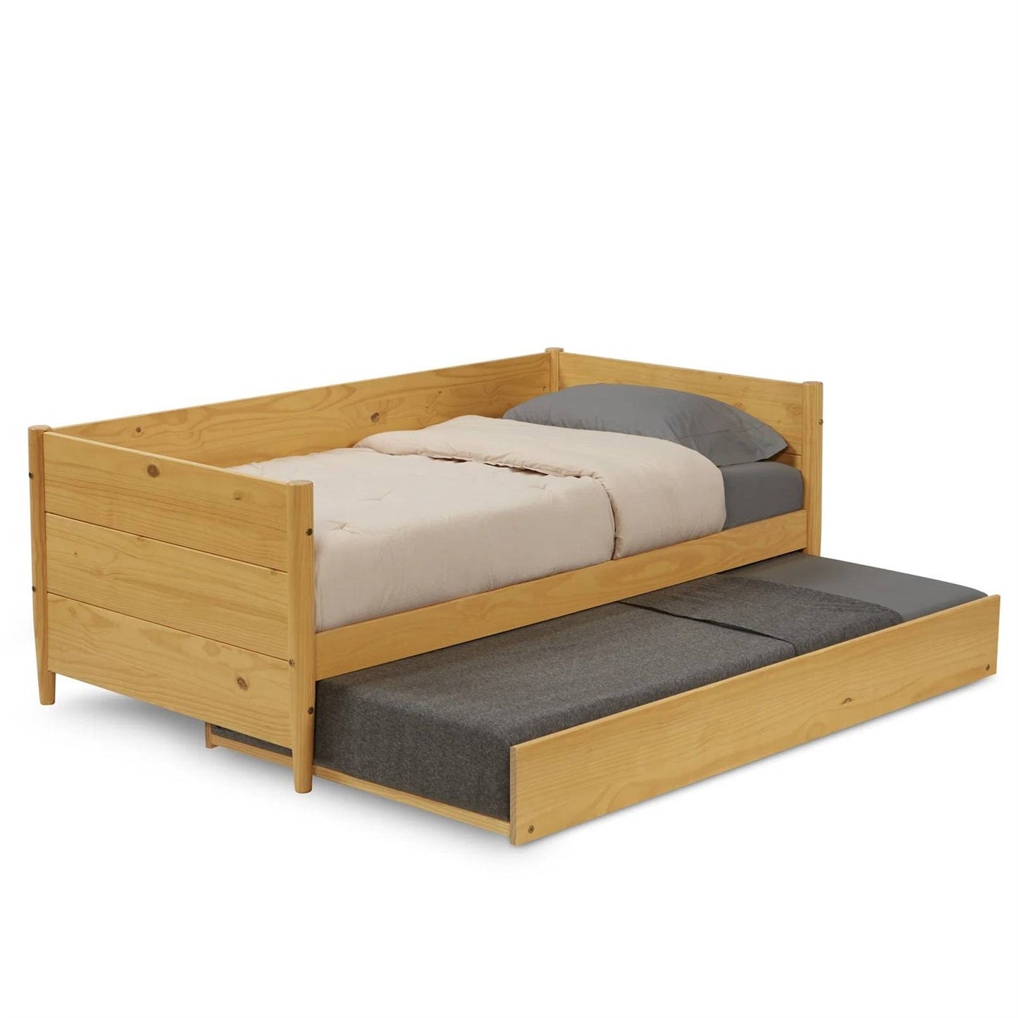 Diván individual de madera maciza con cama nido extraíble en color marrón amarillo claro