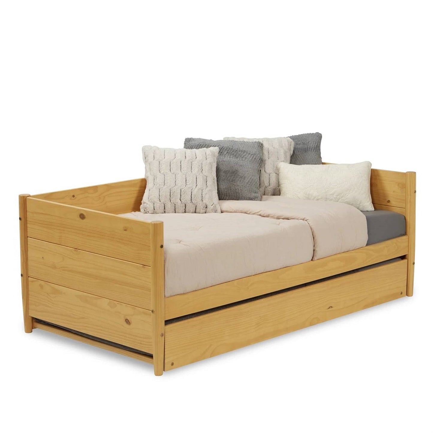 Diván individual de madera maciza con cama nido extraíble en color marrón amarillo claro