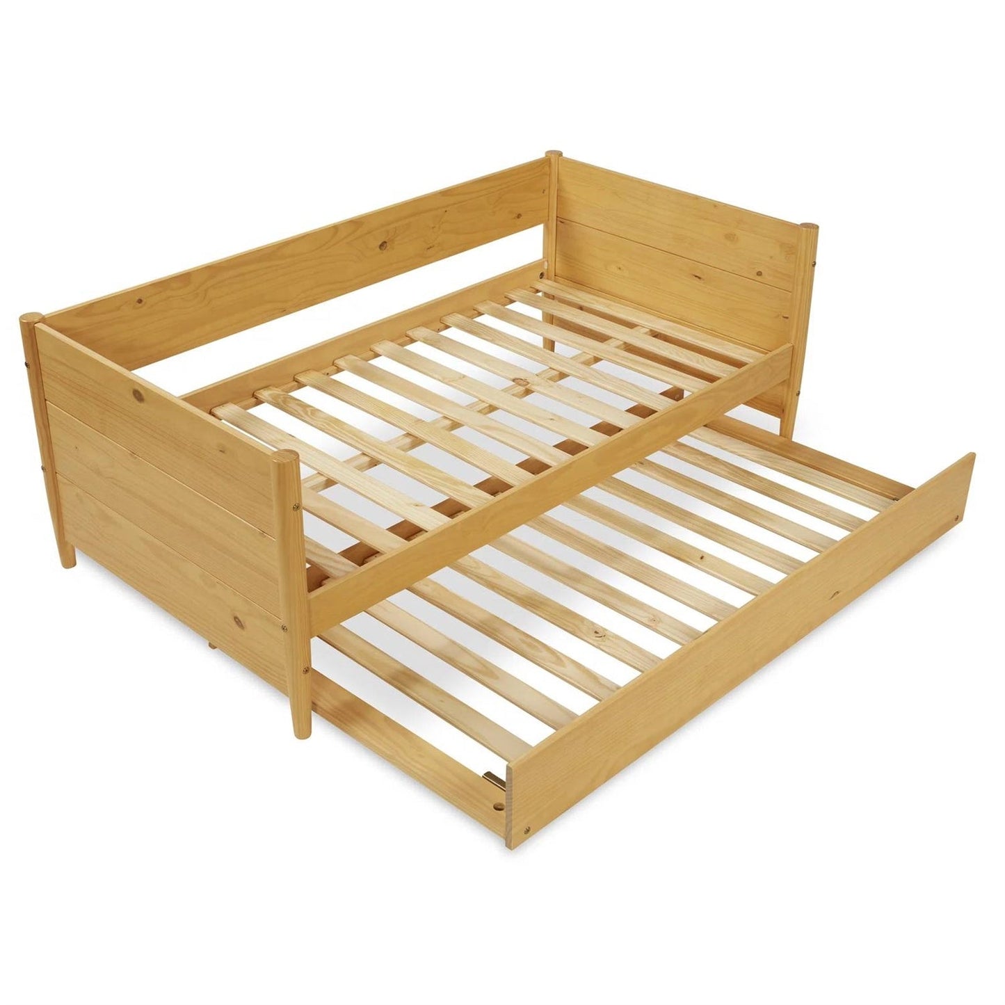 Diván individual de madera maciza con cama nido extraíble en color marrón amarillo claro