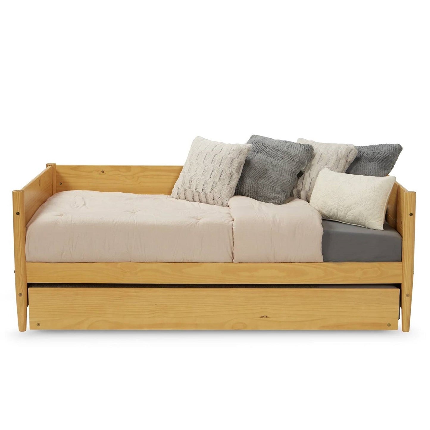 Diván individual de madera maciza con cama nido extraíble en color marrón amarillo claro