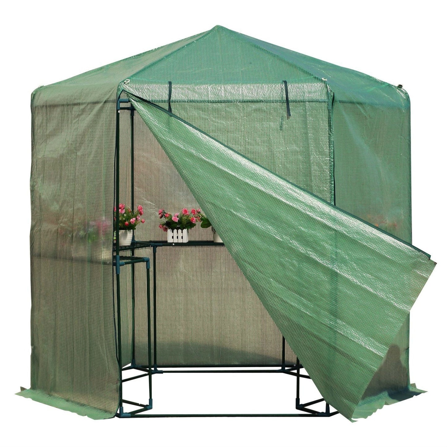 Invernadero Hexagonal para Exteriores de 6.5 x 7 pies con Estructura de Acero, Cubierta de PE y Estantes
