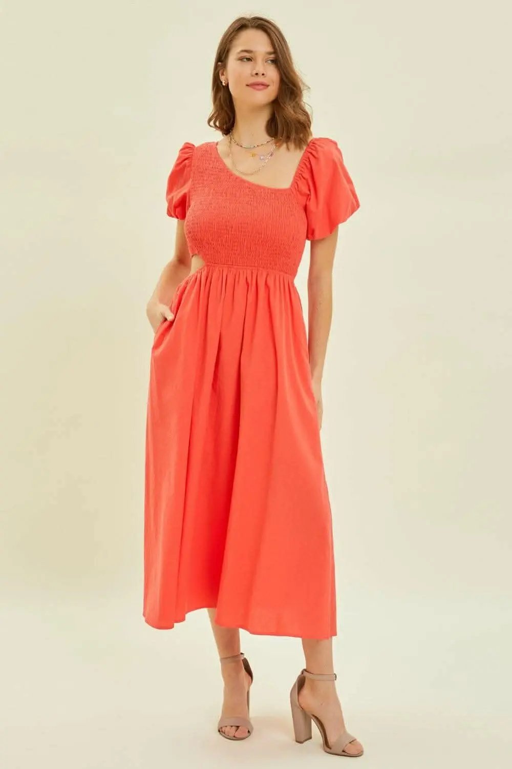 Dresses Trendsi HEYSON Smocked Cutout Midi Dress