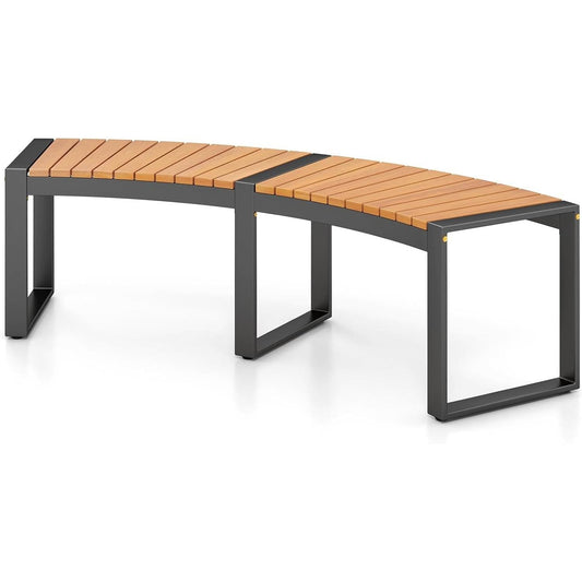 Banco de jardín sin respaldo con estructura de metal para exteriores, lamas de madera y diseño de arco moderno