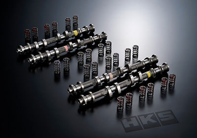 HKS camshaft and valve spring kit for the VR38DETT Nissan R35 GTR. Includes all 4 cams and 24 springs. Intake cam is 270°, exhaust cam 278°
