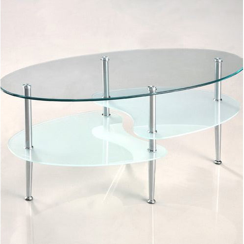 Mesa de centro ovalada moderna de cristal con patas de metal cromado