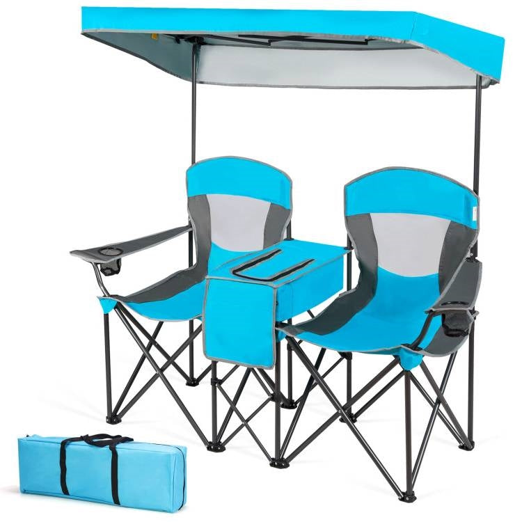 Juego de dos sillas plegables con toldo en azul claro con portavasos y bolsillo de almacenamiento