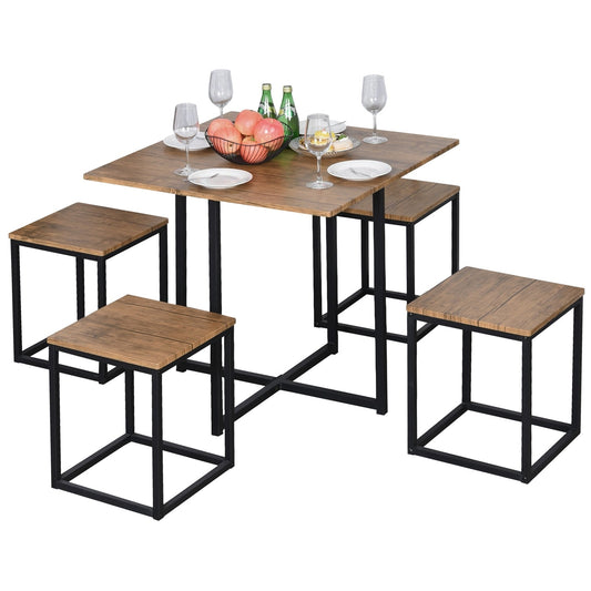Juego de comedor de cocina de 5 piezas de madera de nogal y acero, estilo rústico