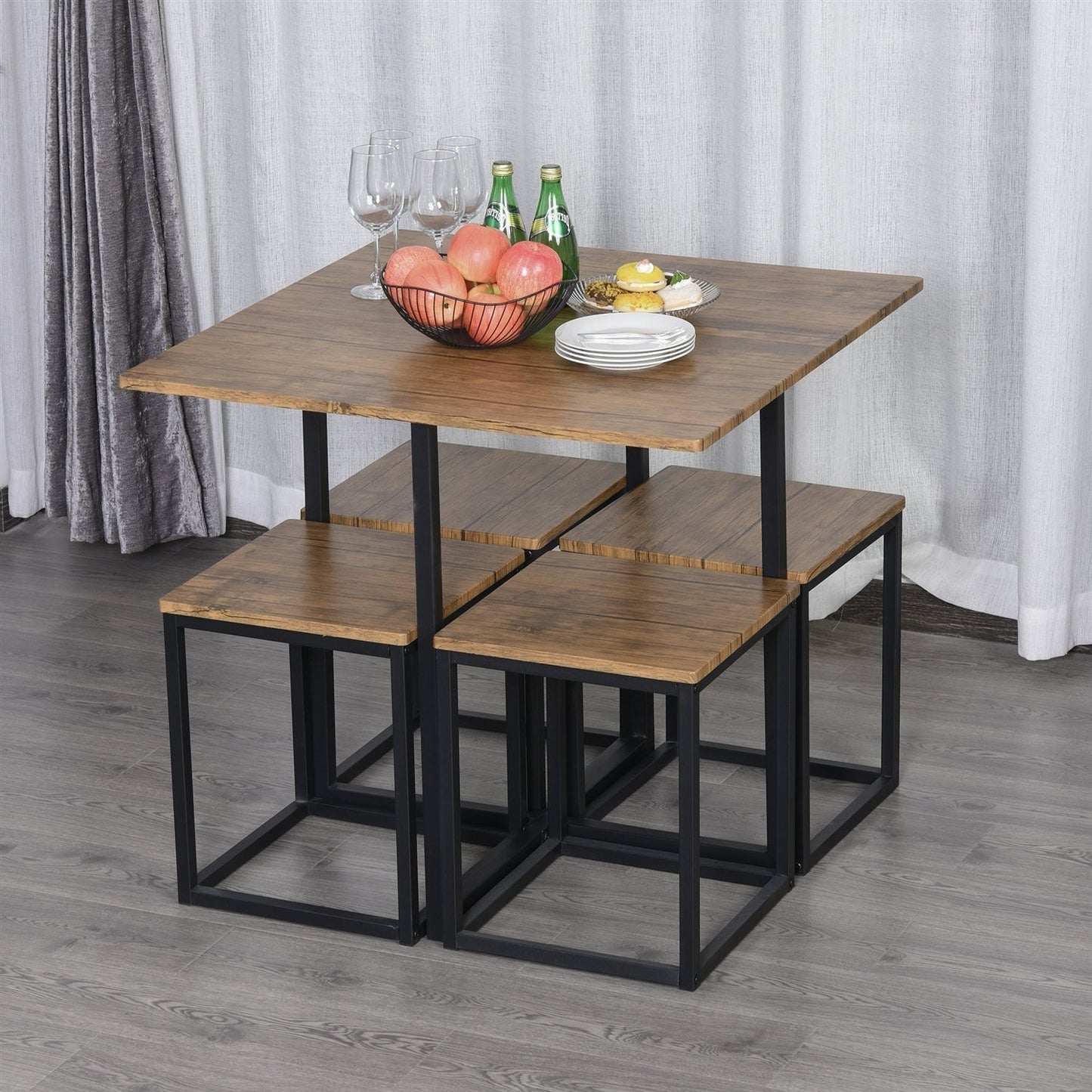 Juego de comedor de cocina de 5 piezas de madera de nogal y acero, estilo rústico