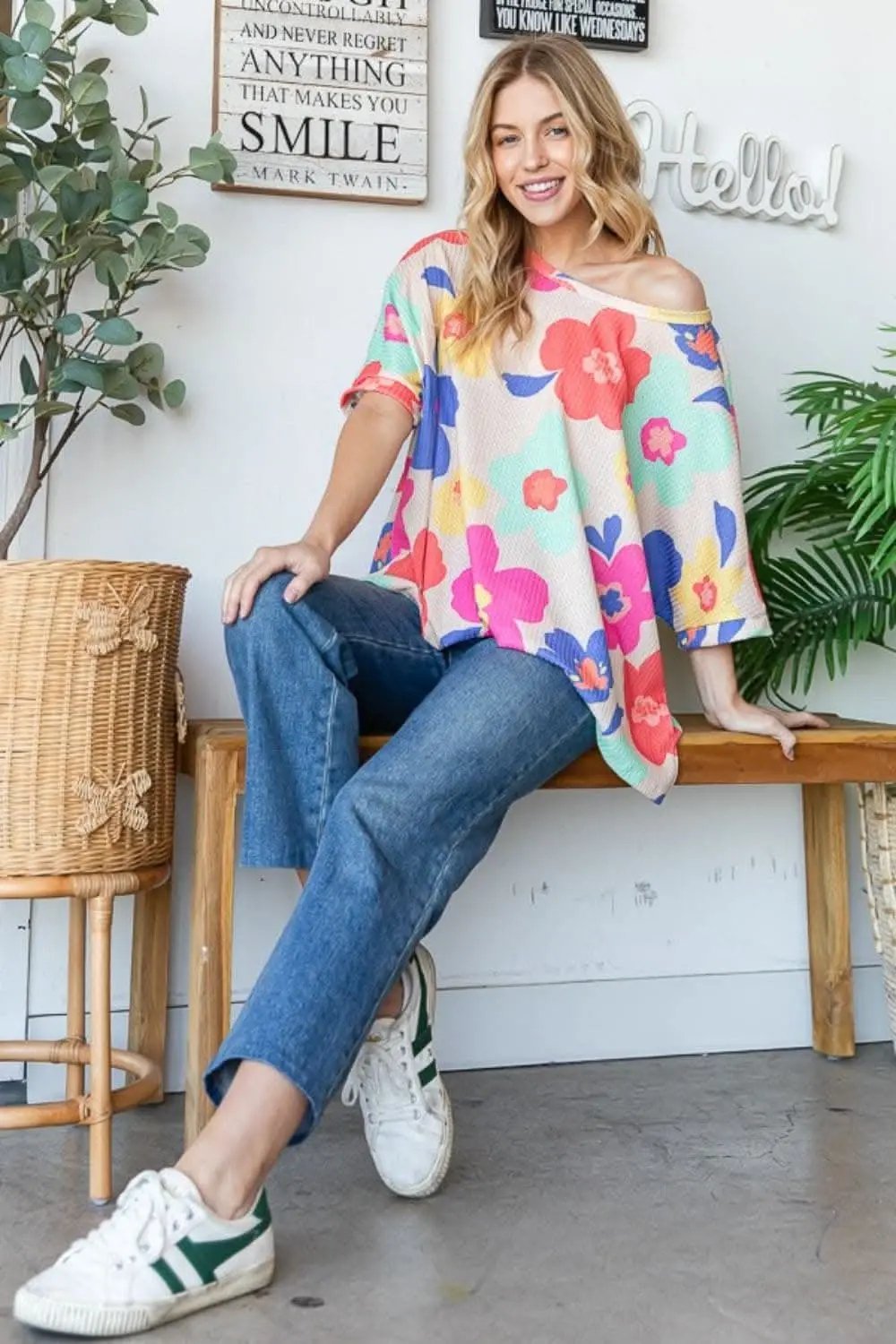 Shorts Trendsi Floral Waffle Oversize Tee Women's Casual T-Shirt Soft & Comfy