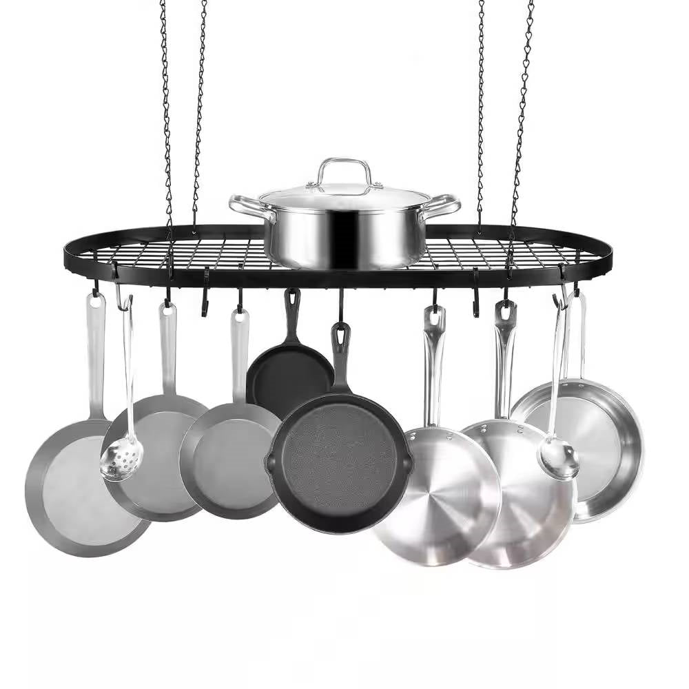 Soporte de techo ovalado de acero al carbono negro para ollas de cocina con 12 ganchos