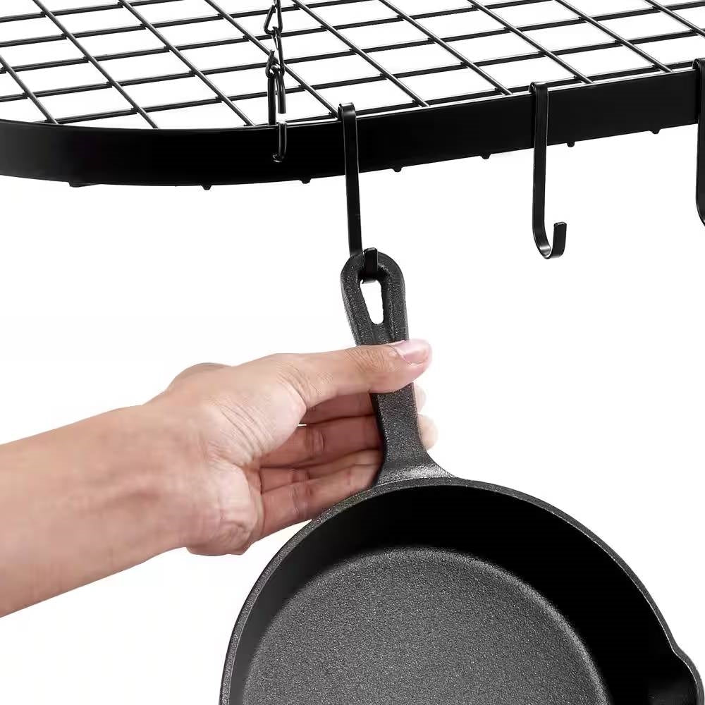 Soporte de techo ovalado de acero al carbono negro para ollas de cocina con 12 ganchos