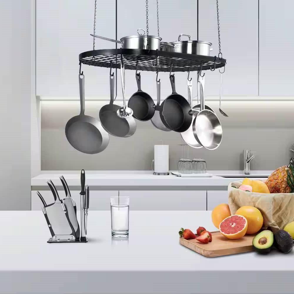 Soporte de techo ovalado de acero al carbono negro para ollas de cocina con 12 ganchos