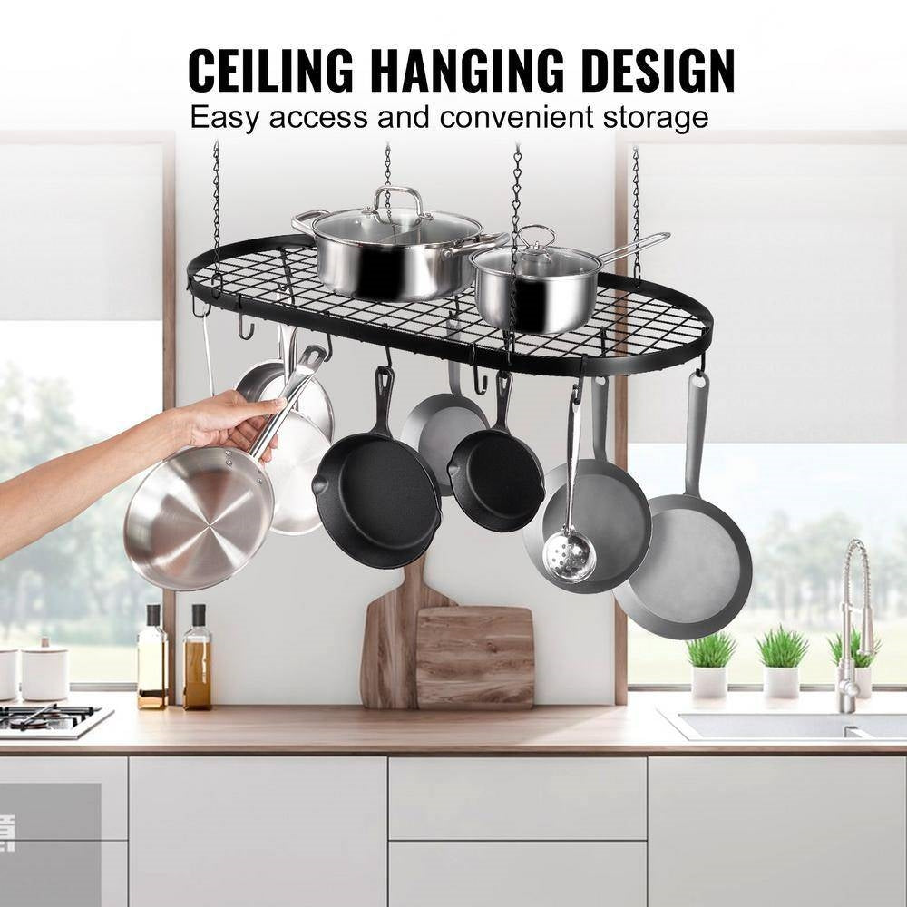 Soporte de techo ovalado de acero al carbono negro para ollas de cocina con 12 ganchos