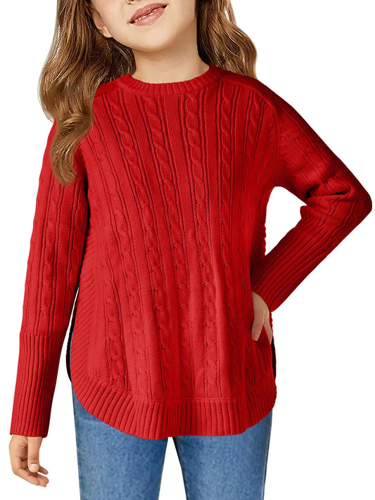 Haloumoning Girls Oversized Sweater Kids Fashion Batwing Sleeve Cable Knit Sweaters with Side Slit 11-12 Years Red - # GIAA22210004