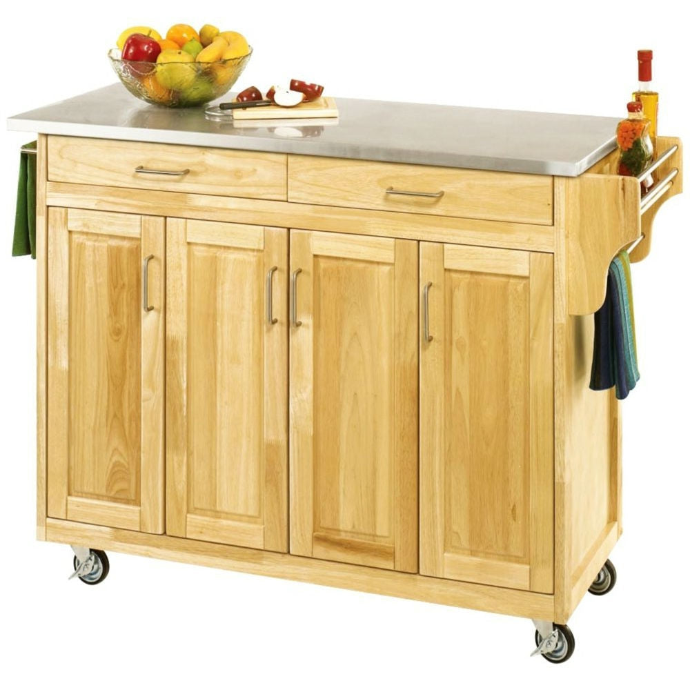 Carrito de cocina tipo isla de madera con cubierta de acero inoxidable y ruedas