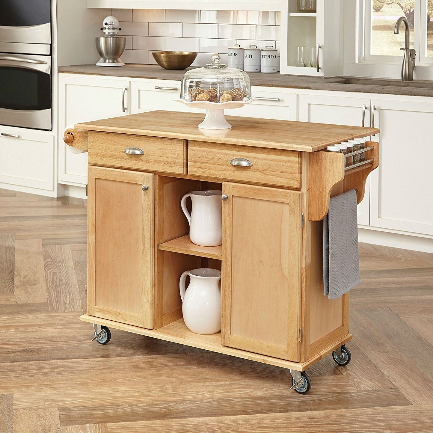 Carrito de isla de cocina con acabado de madera natural y ruedas con freno