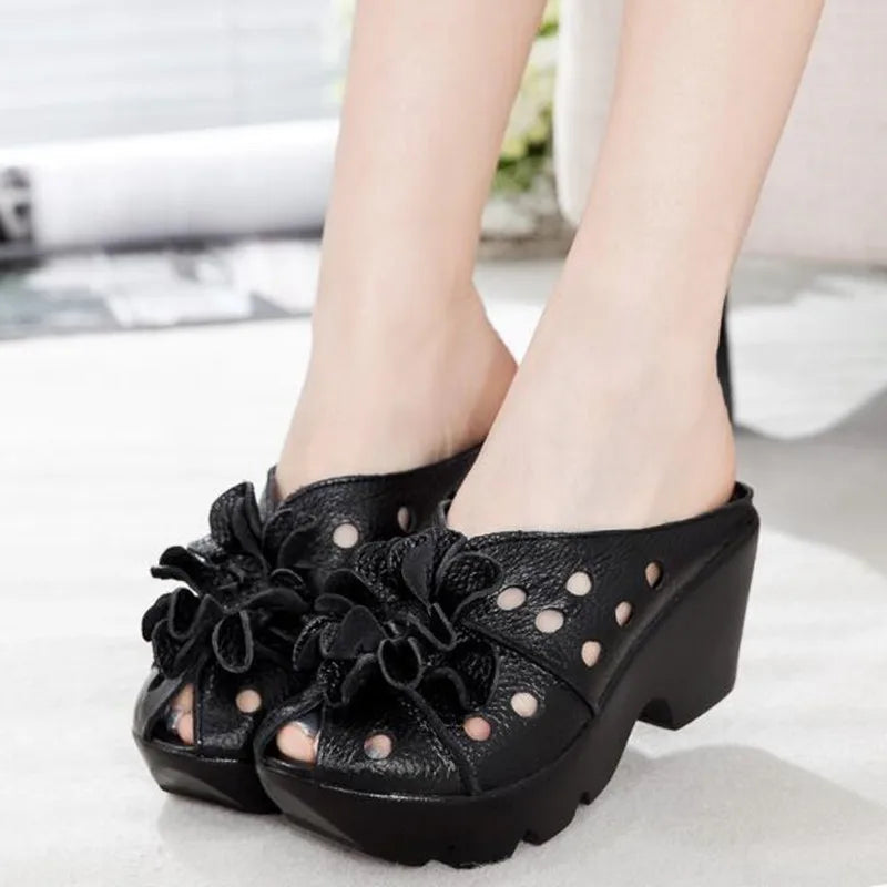 2026 New Summer Thick Bottom Slope with High Heel Slippers Genuine Leather Sandals Flowers Hollow Women Shoes Fashion Sandals