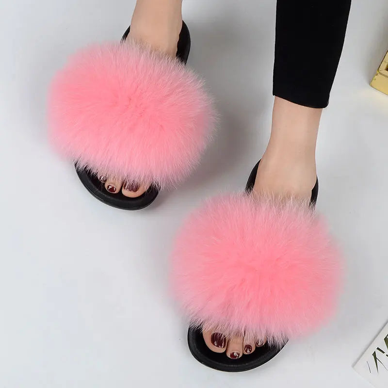 Women Summer Casual Fluffy Slippers With Fur Flat Non-Slip Real Fox Fur Furry Slides Large Size Shoes Fur Sandals