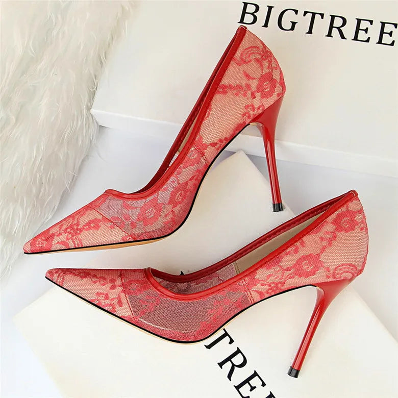 2025 Sexy Black Flower Lace Mesh Pumps Women Pointed Fashion Party Shoes Show Thin High Heels Shoes Women's Office Shoes Shallow
