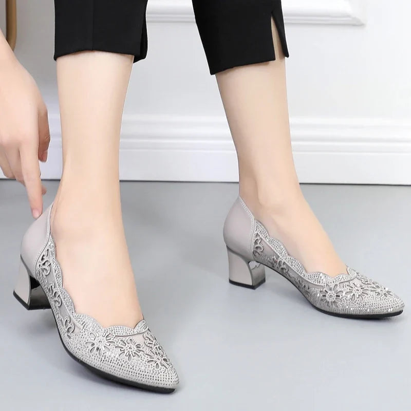 GKTINOO 2026 Summer Fashion Hollow Out Genuine Leather Pumps Women Shoes Med Heels Square Heel Mesh Ladies Office Shoes Crystal