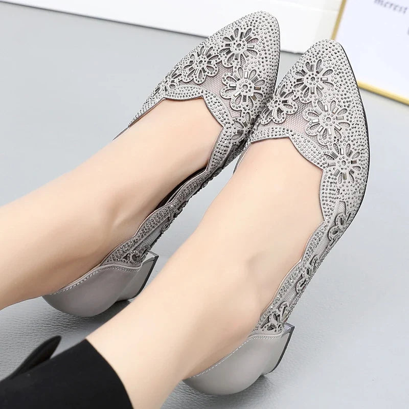 GKTINOO 2026 Summer Fashion Hollow Out Genuine Leather Pumps Women Shoes Med Heels Square Heel Mesh Ladies Office Shoes Crystal