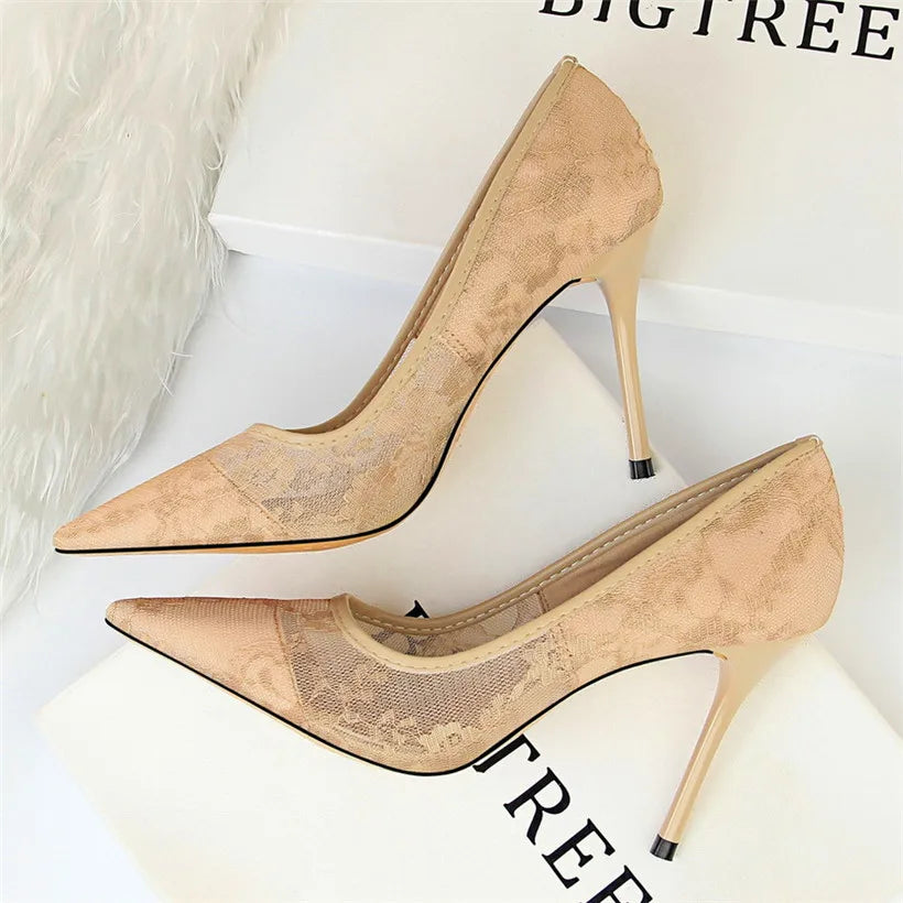 2025 Sexy Black Flower Lace Mesh Pumps Women Pointed Fashion Party Shoes Show Thin High Heels Shoes Women's Office Shoes Shallow