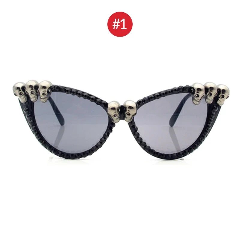 Women Vintage Skull Sunglasses Black Rhinestone Retro Cat Eye Sun Glasses for Ladies Round Gothic Halloween Shades