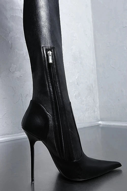 Botas mujer invierno black women shoes thigh high heel bota over the knee boots pointed toe long female motorcycle plus size47