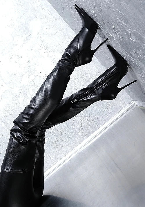 Botas mujer invierno black women shoes thigh high heel bota over the knee boots pointed toe long female motorcycle plus size47