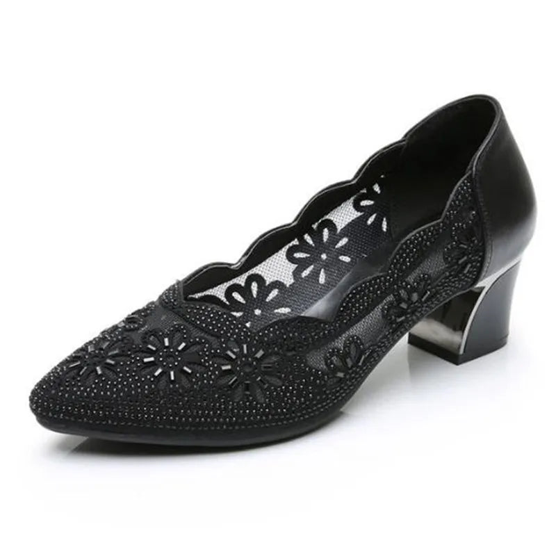 GKTINOO 2026 Summer Fashion Hollow Out Genuine Leather Pumps Women Shoes Med Heels Square Heel Mesh Ladies Office Shoes Crystal