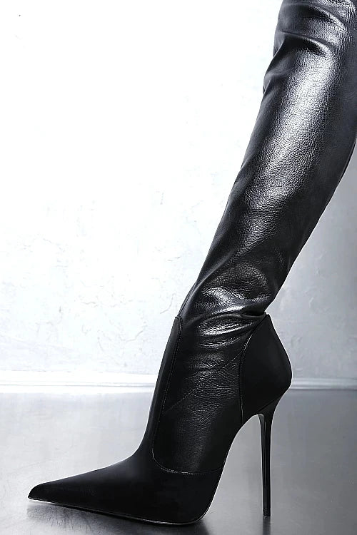 Botas mujer invierno black women shoes thigh high heel bota over the knee boots pointed toe long female motorcycle plus size47