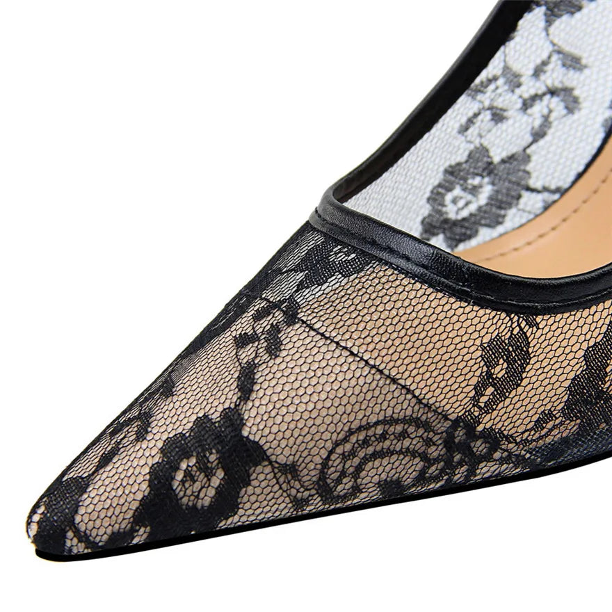 2025 Sexy Black Flower Lace Mesh Pumps Women Pointed Fashion Party Shoes Show Thin High Heels Shoes Women's Office Shoes Shallow