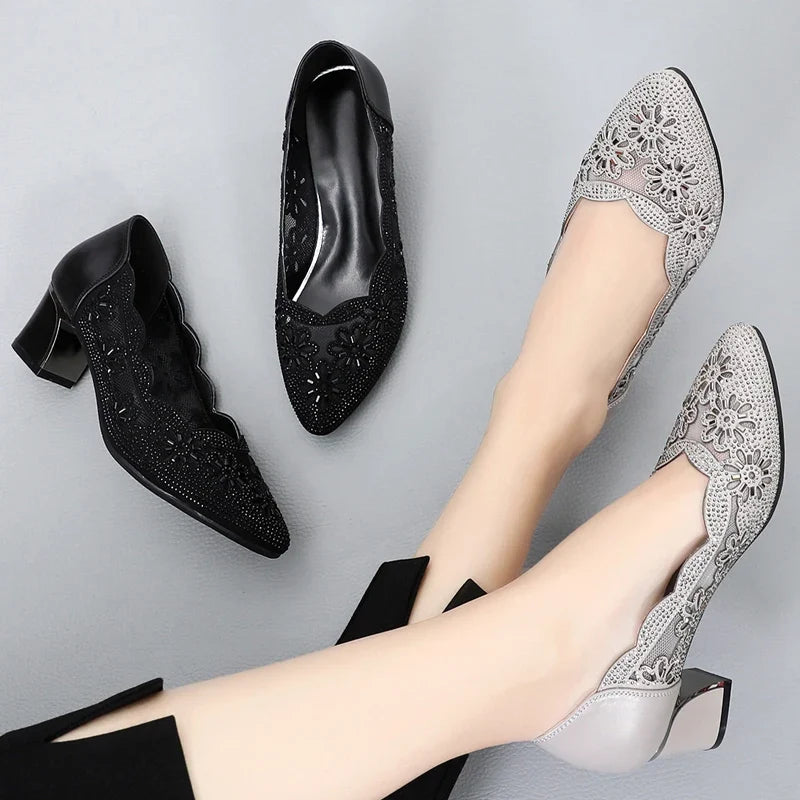 GKTINOO 2026 Summer Fashion Hollow Out Genuine Leather Pumps Women Shoes Med Heels Square Heel Mesh Ladies Office Shoes Crystal
