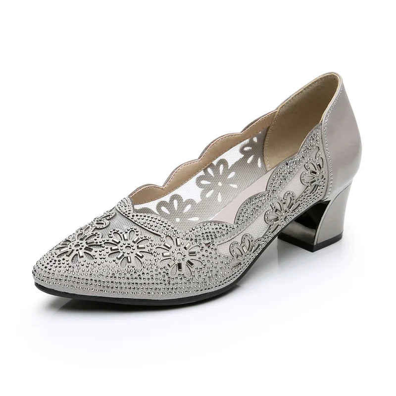 GKTINOO 2026 Summer Fashion Hollow Out Genuine Leather Pumps Women Shoes Med Heels Square Heel Mesh Ladies Office Shoes Crystal