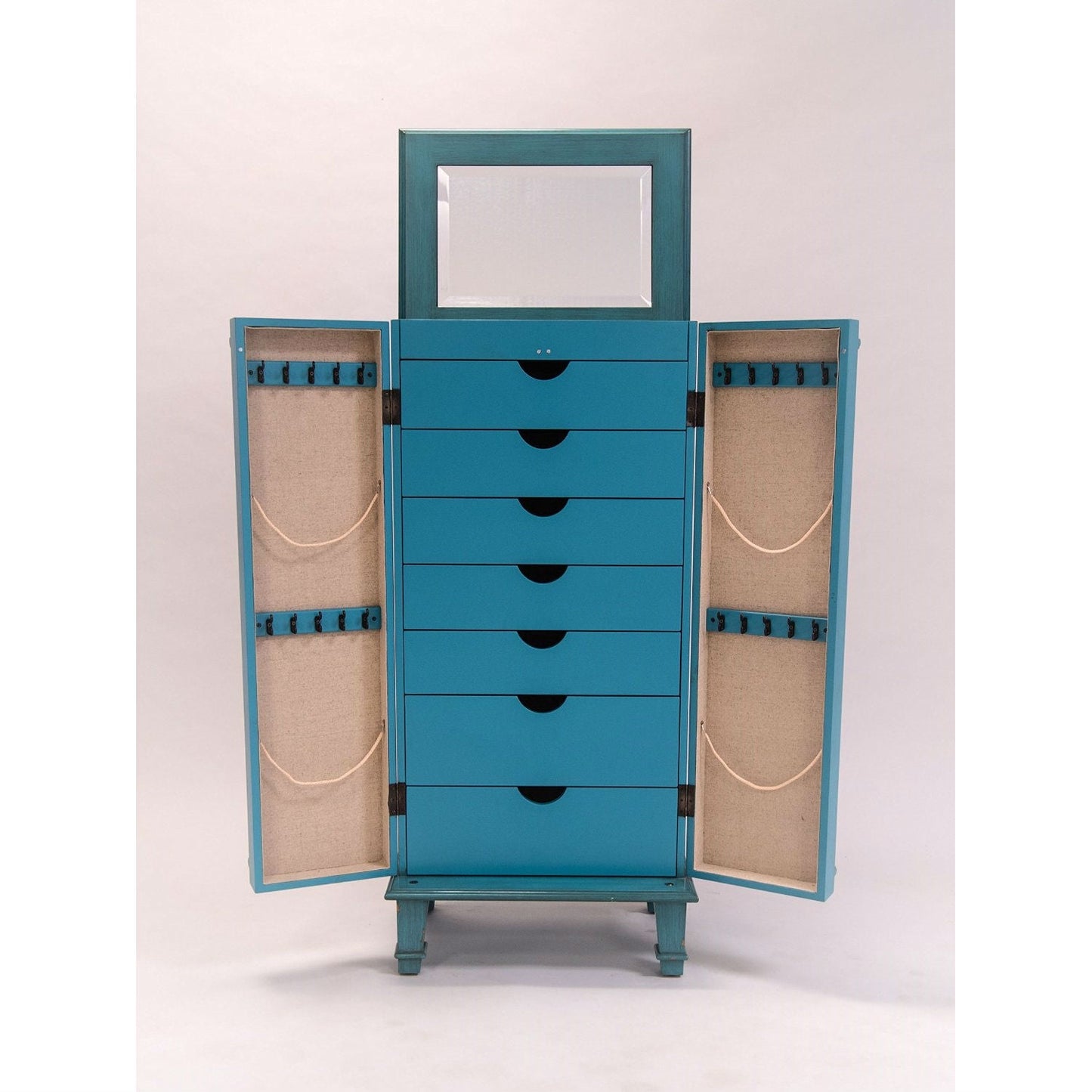 Alhajero vintage pintado a mano color turquesa con tiradores de cajón antiguos