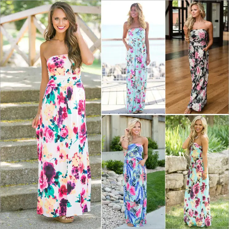 Vestido largo sin tirantes estampado de moda para mujer