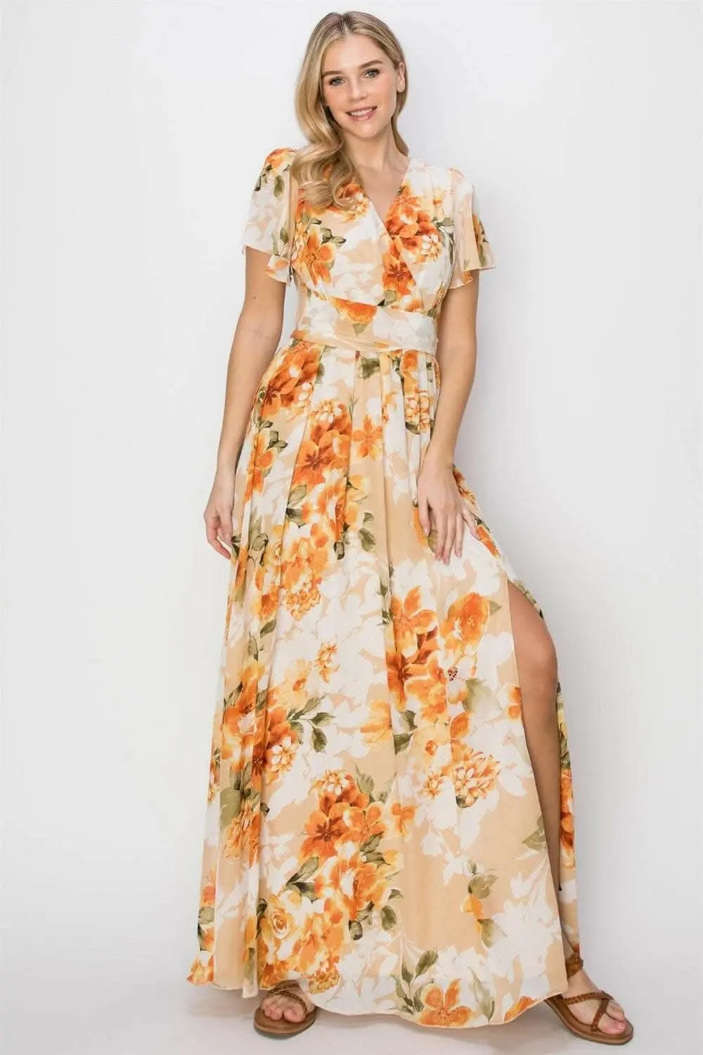 Vestidos Tendencia Vestido largo floral Maxi de mujer con abertura y espalda anudada de manga corta para verano