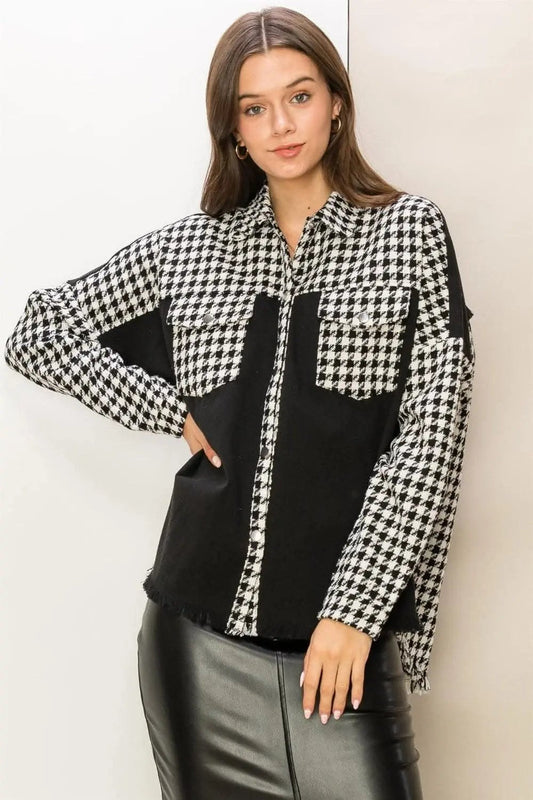 Chaqueta para mujer, con estampado de pata de gallo - Dobladillo deshilachado - Prenda de abrigo elegante para otoño