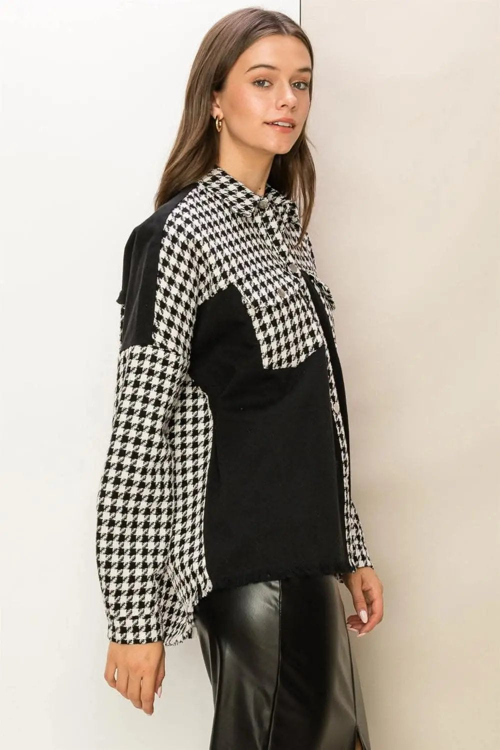 Women's Jacket Houndstooth Jacket - Raw Hem - Chic Fall Outerwear