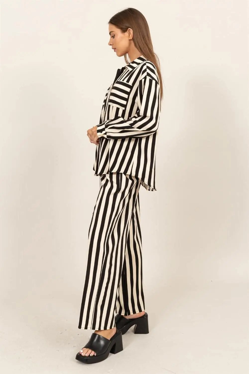 Trendsi Striped Set Women's Loungewear Button Up Shirt & Pants Two-Piece Set USA Shipped