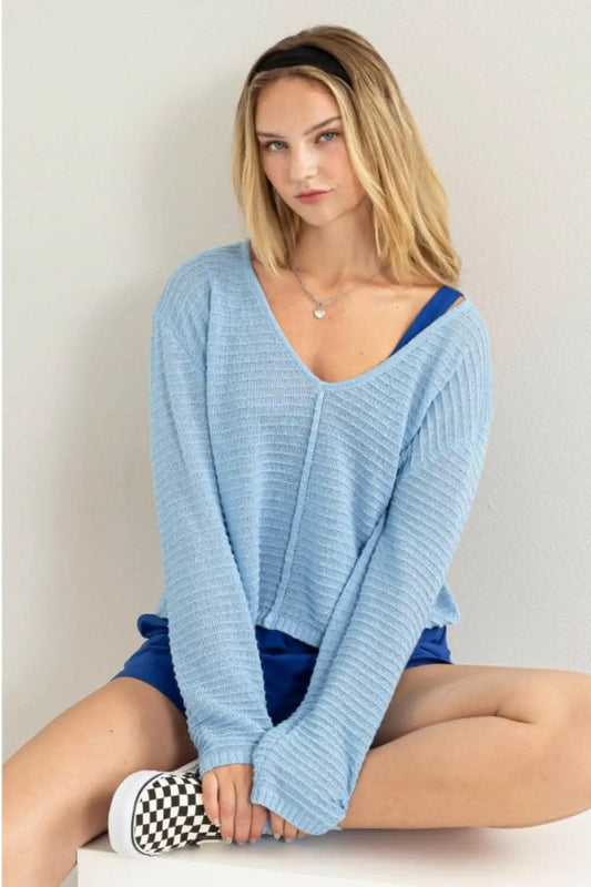 Chaquetas Trendsi Top casual de manga larga con cuello en V y textura de rayas para mujer - Suave y elegante