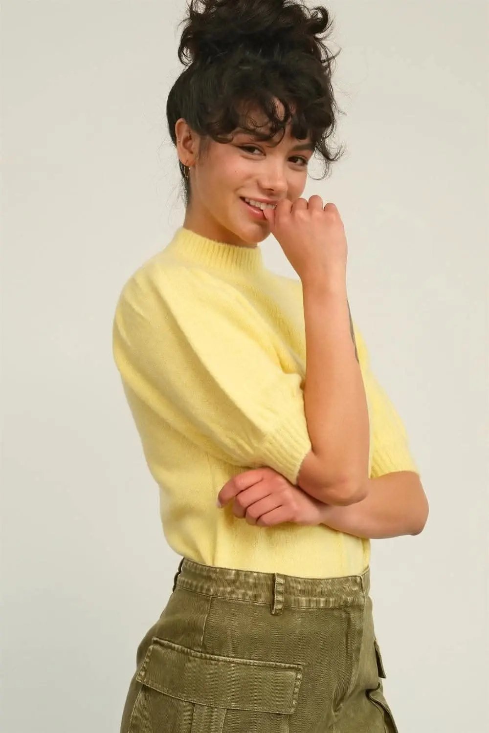 Women's Knit Top Top - Puff Sleeve Mock Neck - Elevated Knit Style
