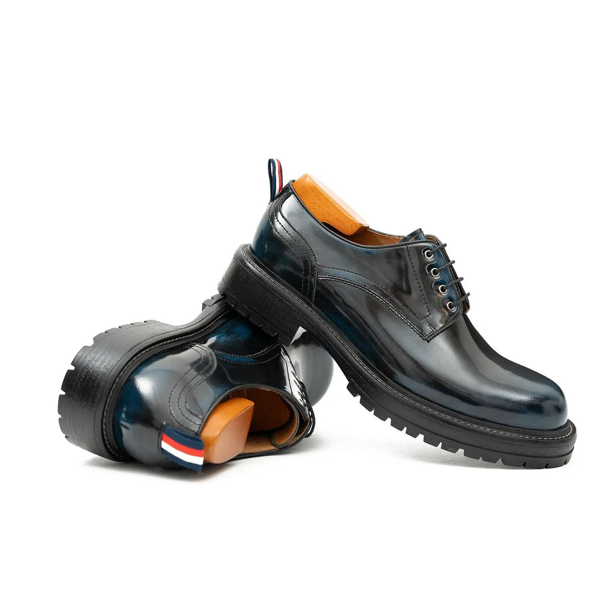 Blue Plain-Toe Cow Leather Derby Shoes