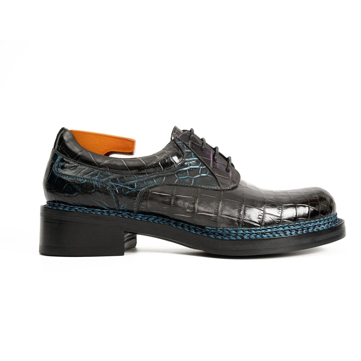 Blue-Black Apron-Toe Crocodile Leather Derby Shoes
