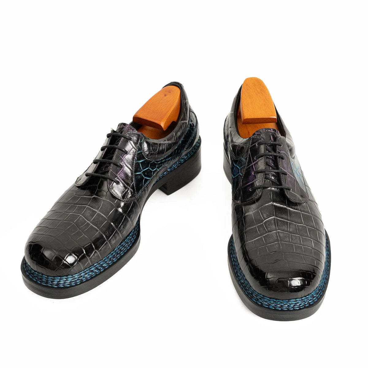 Blue-Black Apron-Toe Crocodile Leather Derby Shoes