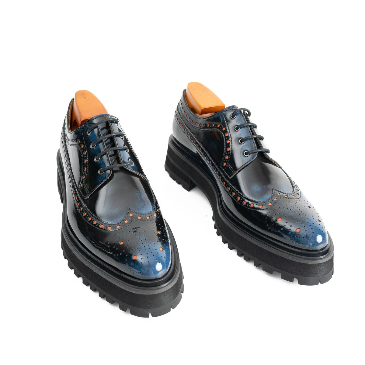 Blue-Black Wingtip Calf Leather Derby Shoes