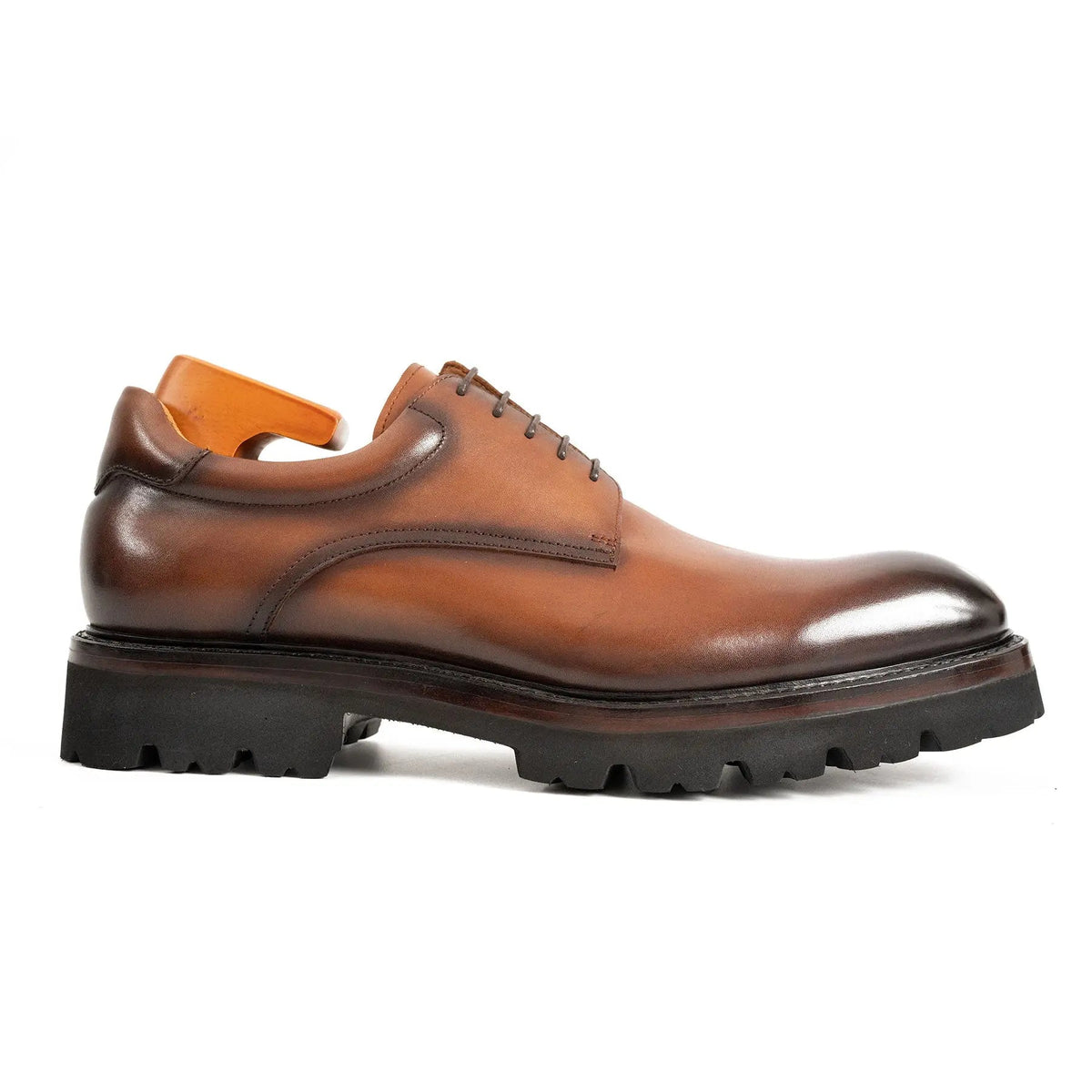 Brown Plain-Toe Calf Leather Derby Shoes